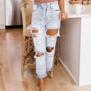KRISTEN PAPERBAG WAIST DISTRESSED MOM JEANS